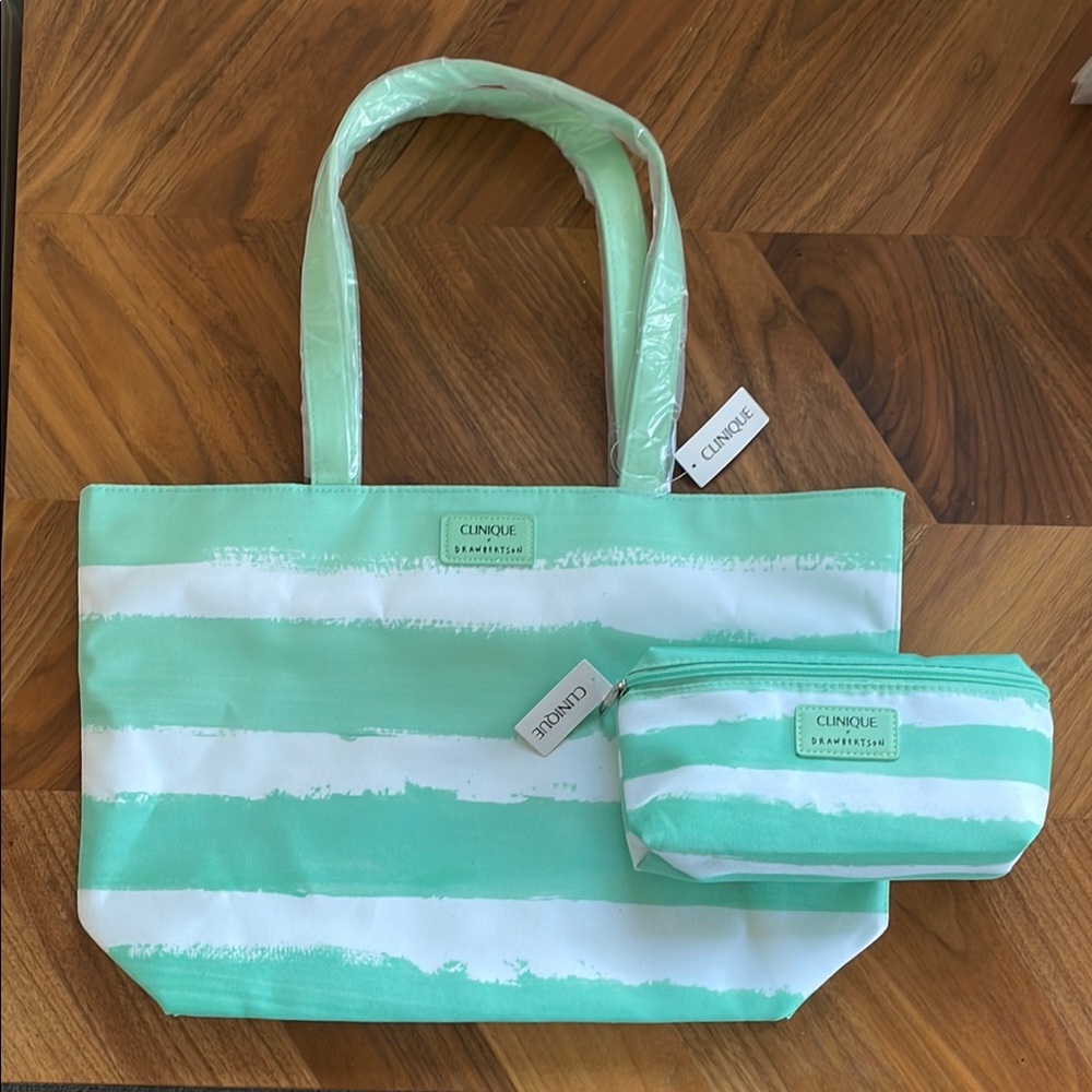 Clinique x Drawbertson Green Striped Spring Getaway Tote and Pouch Set